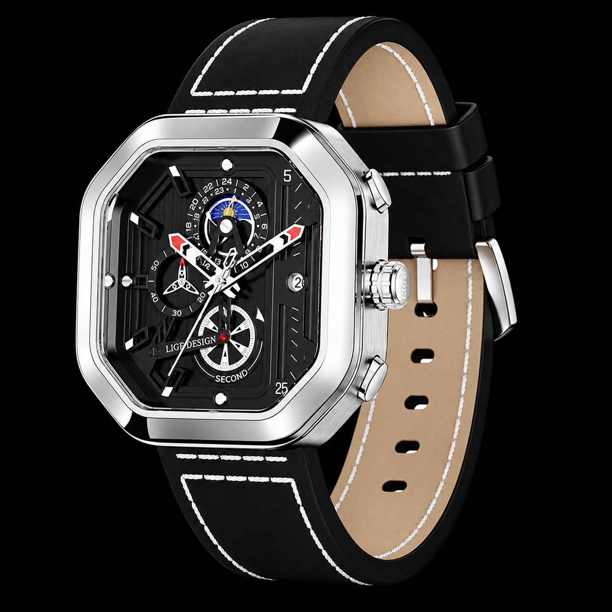 ELARVE CLASSIC — silver case, black dial and strap, black studio background