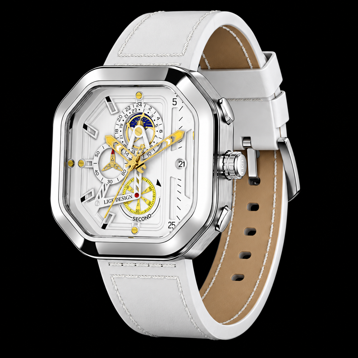 ELARVE classic white watch — black studio background